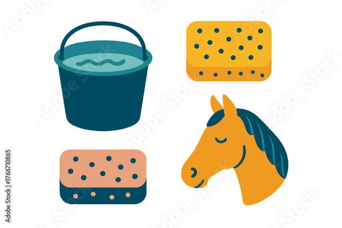 Horse washing supplies set with bucket, sponges, and smiling equine head