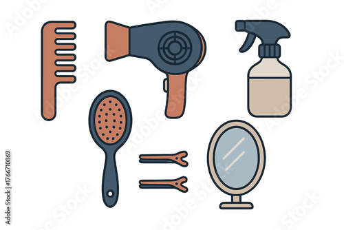 Set of essential hair styling and beauty tools including hairdryer comb brush and mirror