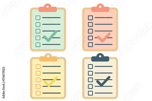 Four colorful clipboards with checklists and checkmarks indicating task completion or successful survey results