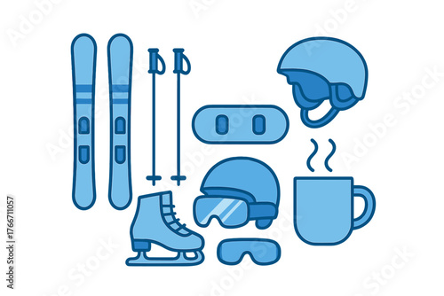 Collection of winter sports equipment including skis, poles, skates, helmets, goggles, and hot beverage mug