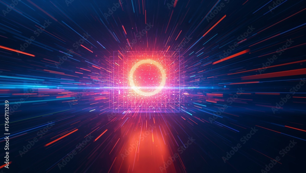 Fototapeta premium Rotating glowing core pulsing inside semi-transparent grid cube at data tunnel, with light streaks