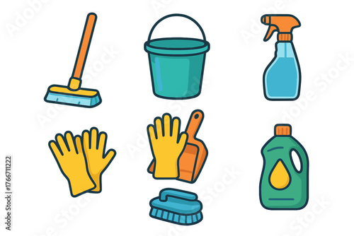 Colorful set of essential household cleaning equipment including mop, bucket, gloves, and detergent
