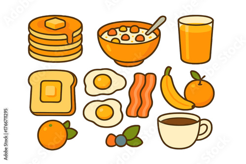 Assortment of popular morning meal items featuring pancakes, fried eggs, bacon, toast, cereal, and fruit