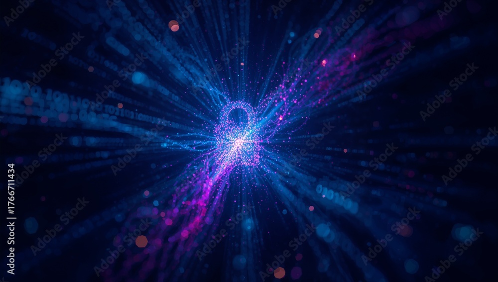 Naklejka premium Pulsing digital keyhole rotating in virtual data void, with binary code streams and floating orbs