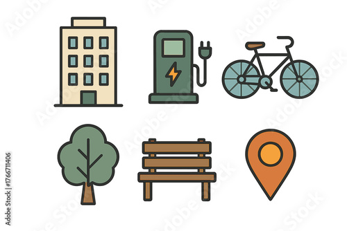 Flat design symbols for urban sustainability including city building, EV charging, bicycle, tree, bench, and map pin