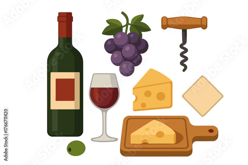 Gourmet selection of wine and cheese pairing items including bottle, glass, grapes, and corkscrew