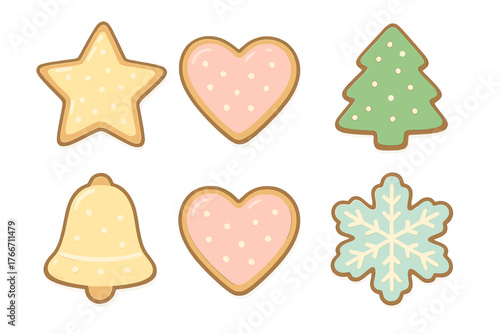 Assortment of sweet decorated holiday cookies including star, heart, tree, bell, and snowflake shapes