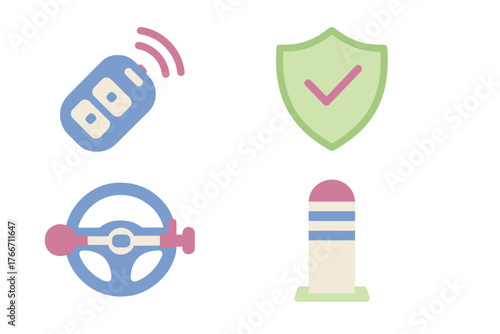 Car security, remote control, steering wheel lock, and parking safety bollard symbols