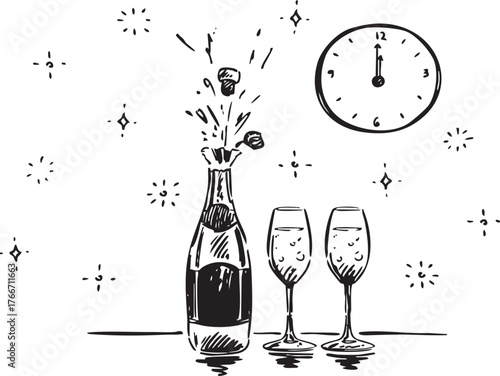 A celebration with Champagne as the Clock strikes Midnight, joyfully welcoming the New Year