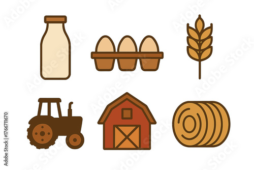 Essential farming and agriculture icons featuring milk, eggs, wheat, tractor, barn, and hay bale set
