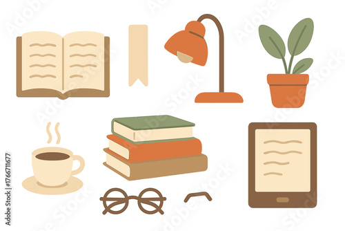 Cozy set of reading and learning essentials including open book, desk lamp, coffee, and e-reader