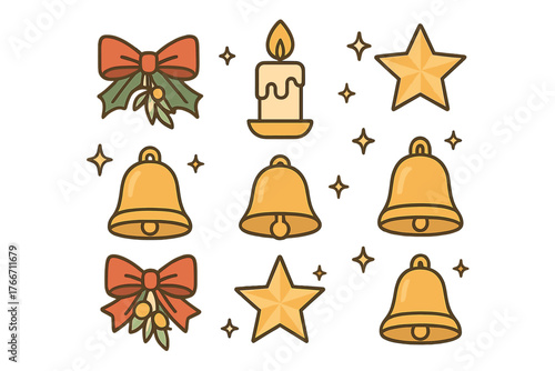 Festive holiday icons seamless pattern featuring golden bells, shining stars, decorative bows, and a lit candle