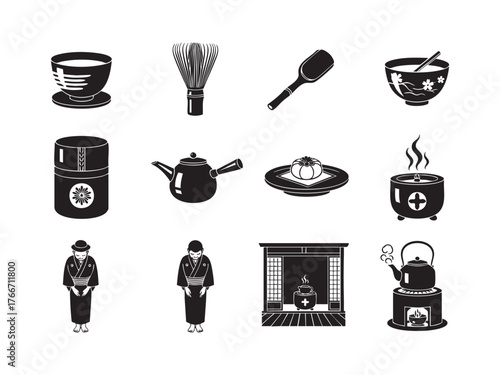 japanese restaurant icons set black on white