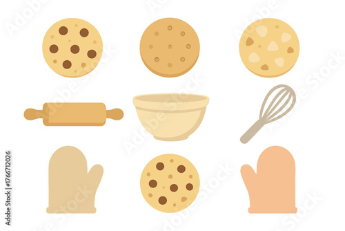 Collection of baking tools and equipment with cookies, including rolling pin, mixing bowl, and whisk