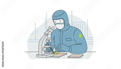 Scientist wearing a hazmat suit, face mask, and gloves, working carefully on a microchip examining it under a microscope in a cleanroom laboratory, symbolizing precision and technological research