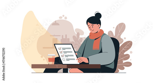 Woman Reviewing Checklist on Digital Tablet in a Relaxing Environment