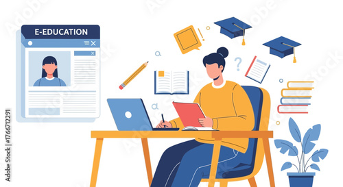 Woman studying with laptop in e-learning illustration concept for online education