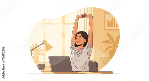 Woman Stretching From The Computer, Relieving Digital Fatigue, Indoor Sunlight
