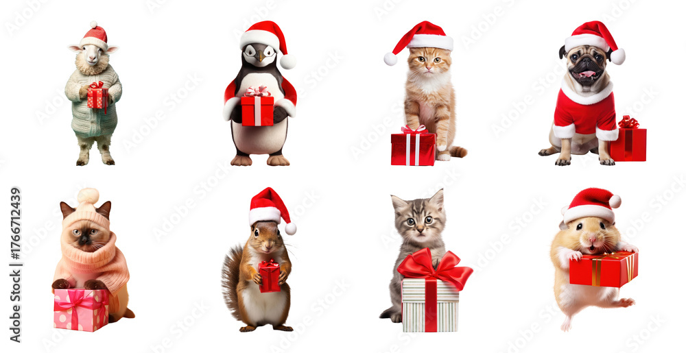 Fototapeta premium PNG Festive animals holding gifts, element set on transparent background