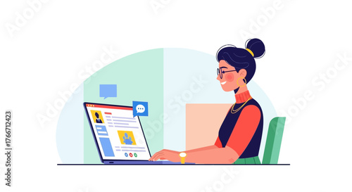 Woman using laptop, chatting and working on a computer showing social media profile