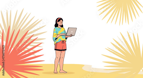 Woman using laptop on a beach, working remotely, palms framing illustration, summer vibe