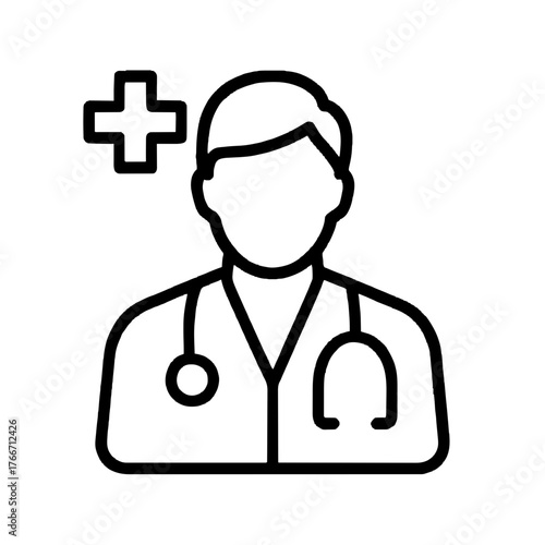 Minimal black and white icon of a doctor with stethoscope and medical cross. Symbolic healthcare illustration for apps, websites, clinics, and informational materials.