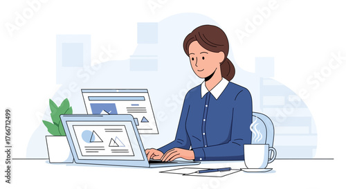 Woman Working At Her Desk Using a Laptop, Enjoying a Coffee Break In Her Office Space