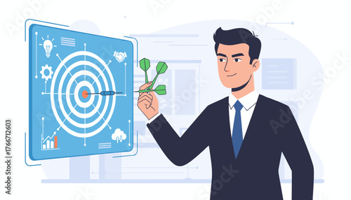A determined businessman in a dark suit holds green darts, aiming at a virtual screen displaying a dartboard, symbolizing strategy, goal achievement, and business success with icons for ideas