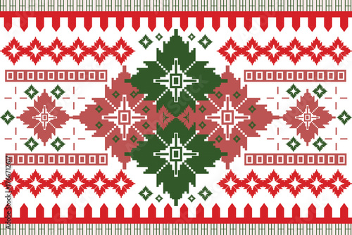 christmas seamless pattern, A festive geometric pattern in red and green, blending cultural artistry with bold, holiday-inspired elegance.