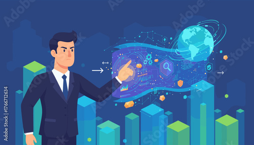 A determined businessman in a dark suit points to a futuristic digital interface displaying global data, charts, and analytics, set against a backdrop of abstract blue skyscrapers and a glowing