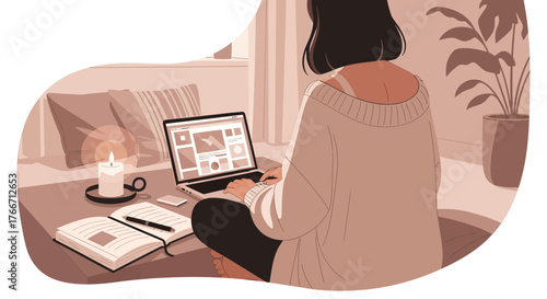 Woman Working From Home Cozy Near Window With Lit Candle And a Laptop