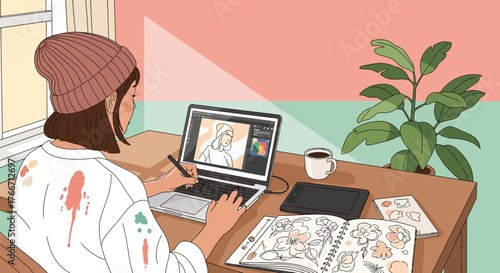 Woman Working From Home Sketching With a Laptop, Digital Drawing and Art