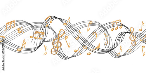 Foto Golden musical notes on black waving staff watercolor seamless banner on isolated background