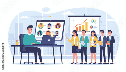 Modern flat illustration of a hiring and recruitment concept presentation, with a manager interviewing candidates via video conference and a team presenting business growth charts, symbolizing