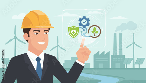 Engineer in hard hat interacting with a futuristic holographic interface displaying icons for health, safety, environment, and industry, with wind turbines, solar panels, and factories in the