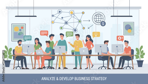 Diverse group of professionals collaborating in a modern office setting, analyzing data and developing business strategy with digital tools and communication icons, symbolizing teamwork and