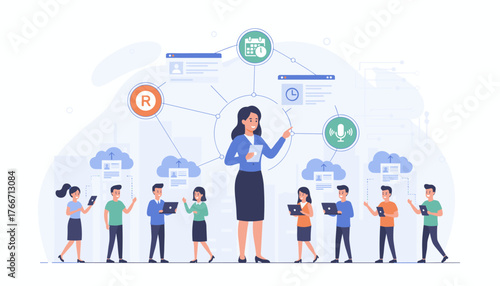Modern flat illustration of a professional HR manager leading a team of employees, connected through a digital network of cloud storage, calendar, and communication icons, symbolizing efficient