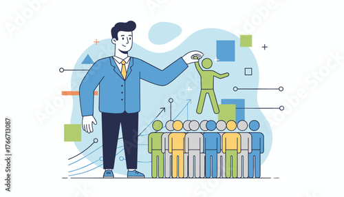 A stylized illustration depicts an HR manager or employer selecting a standout candidate from a diverse group of people, symbolizing recruitment, talent acquisition, and career advancement in a