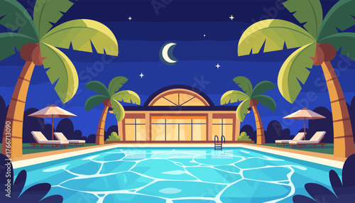 Serene night scene featuring a brightly illuminated swimming pool with shimmering, crystal-clear turquoise water, surrounded by lush palm trees and comfortable lounge chairs under a starry sky with a