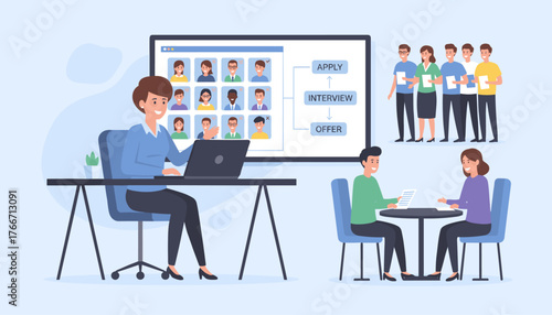 Modern hiring and recruitment concept presentation showcasing a streamlined process from application to interview and offer, with a recruiter managing candidates on a laptop and a team of applicants