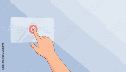 Close-up of a human hand pressing a red power button on a transparent virtual screen with glowing circuit lines and digital particles, symbolizing technology, control, and the end of a process.