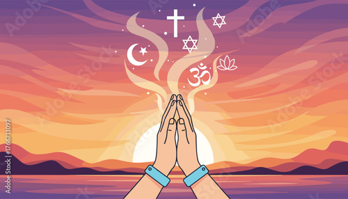 Hands clasped in prayer, symbolizing universal spirituality and interfaith harmony, with diverse religious symbols like Om, Christian cross, Star of David, Crescent Moon, and Lotus flower rising into