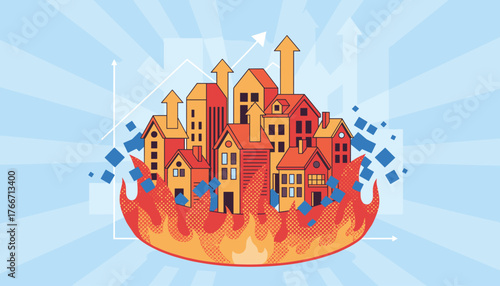 Abstract illustration of a real estate business concept featuring a cluster of stylized houses engulfed in flames, symbolizing a housing market crisis or rapid growth, with upward arrows and charts