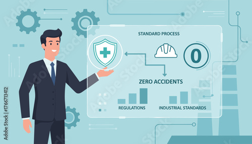 Business professional presenting a flowchart illustrating standard processes for achieving zero accidents through adherence to regulations and industrial standards, with safety shield and hard hat