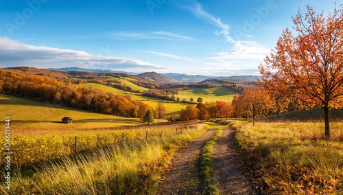 autumn landscape in the countryside with orange trees and blue sky