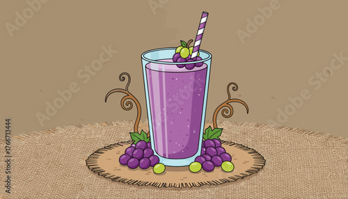 A vibrant and refreshing grape smoothie, presented in a clear glass with a purple and white striped straw, garnished with fresh green and purple grapes, set against a rustic burlap background with