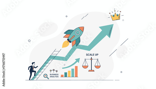 Conceptual illustration of business growth and career advancement, featuring a businessman climbing a ladder towards a rocket launching upwards, symbolizing startup success and reaching new heights