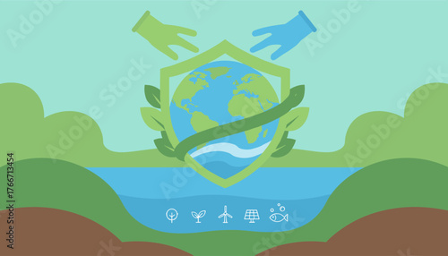 Conceptual illustration of environmental responsibility and protection, featuring a globe cradled within a shield of leaves and water, symbolizing conservation efforts, with hands in protective