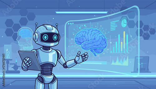 Futuristic robot scientist analyzing a glowing blue brain hologram with data charts and graphs on a transparent screen, representing artificial intelligence and cognitive research in a high-tech