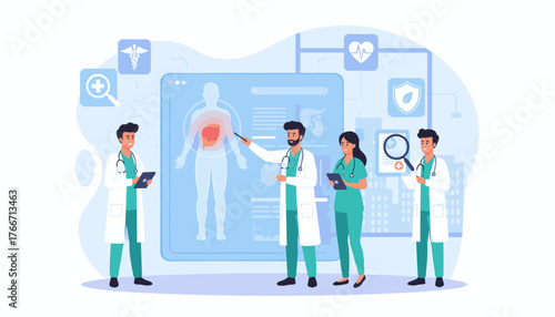 Medical professionals in lab coats meticulously reviewing patient data on a large digital screen displaying a human anatomy scan, symbolizing careful diagnosis and advanced healthcare technology in a